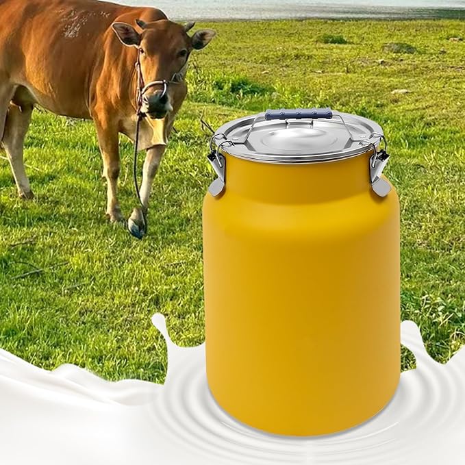 12L Stainless Steel Milk Jug with Sealed Lid and Thick Handle, 7.28in Milk Bucket, Rice Cereal Grain Storage Container for Storing Oil, Ghee, Wine, Tea, Grain, Nut, Snack, Pet Food (Yellow)