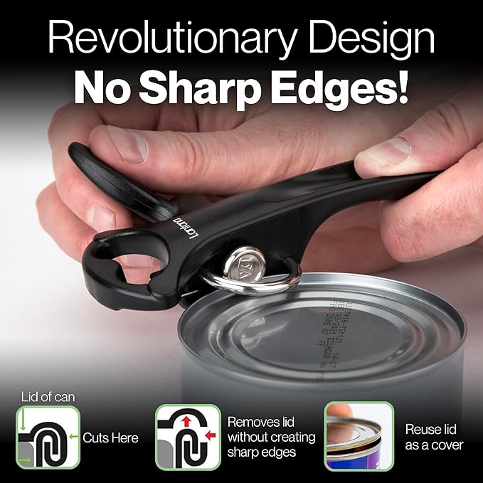 Lantana Smooth Edge Can Opener with Bottle Cap Lifter - Hand Held Manual Safety Tin Opener - Black/Stainless Steel