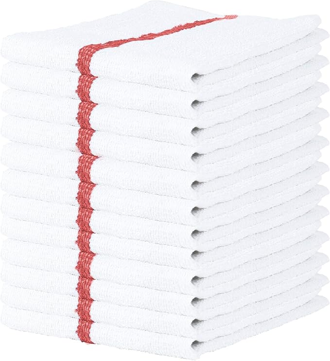 Arkwright Bar Mop Towels, Pack of 12, 100% Cotton Kitchen Dishcloths, Absorbent Quick Dry Cleaning Cloths for Restaurant, Bar and Home Kitchen, 16 x 19 in, White/Red