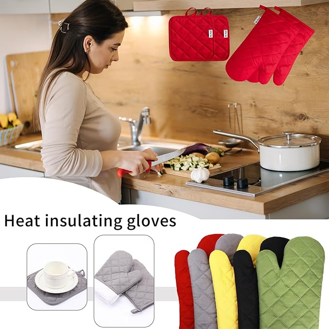 Oven Mitts and Pot Holders Sets,6 Pcs Oven Mitts and Potholders with Recycled Cotton High Heat Resistant Extra Thick Long Oven Mitts for Cooking(Red)