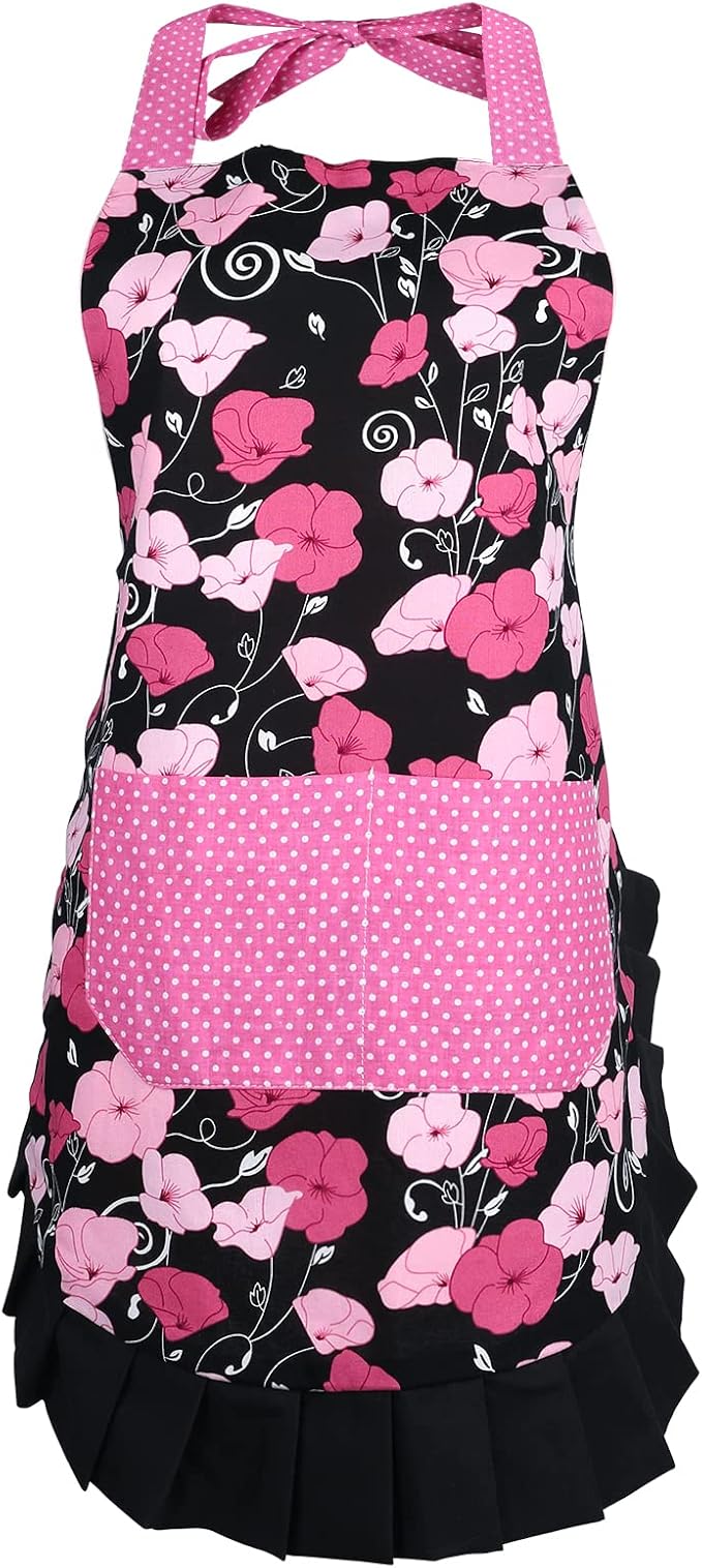 G2PLUS Cotton Kitchen Apron with Pocket, Adjustable Cooking and Baking Apron for Women, Floral Chef Apron for BBQ, Housewarming Gift, Farmhouse Kitchen Decor (Pink + Black)