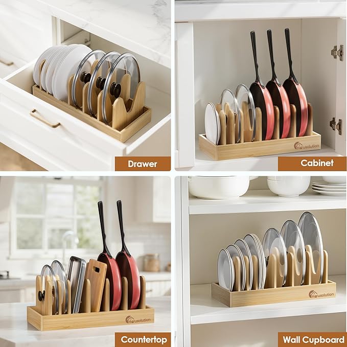 Housolution Bamboo Pot and Pan Organizer for Cabinet, Pot Lid Organizer with 7 Adjustable Dividers, Pan Holder Storage Rack with Solid Bamboo Wooden Base