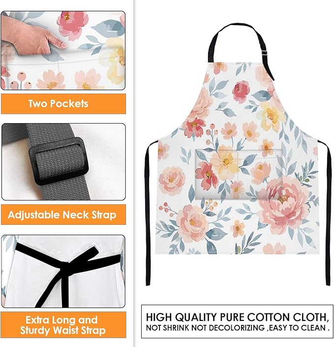 Britimes Apron Home Kitchen Cooking Baking Gardening for Women Men With Pockets Romantic Floral Flower Rose Pink 32x28 inch