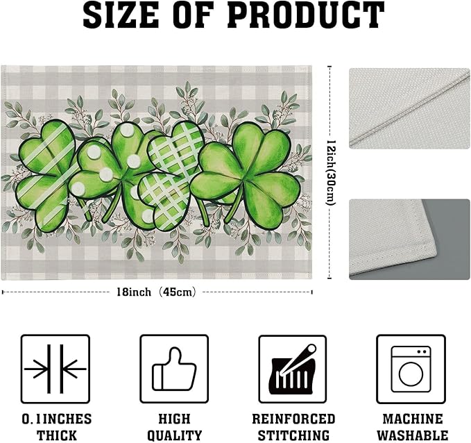 Shamrock St. Patrick's Day Placemats Set of 4 Eucalyptus Leaf Non-Slip Place Mat 12x18 Inch Spring Seasonal Holiday Bufflao Plaid Table Mats for Party Kitchen Dining Decoration