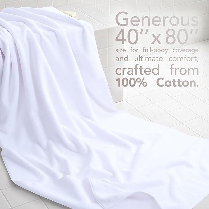 American Soft Linen 100% Cotton 600 GSM Turkish 40x80 Oversized Bath Towel Sheet, Extra Large Adult Towels for Bathroom, White Bath Sheet