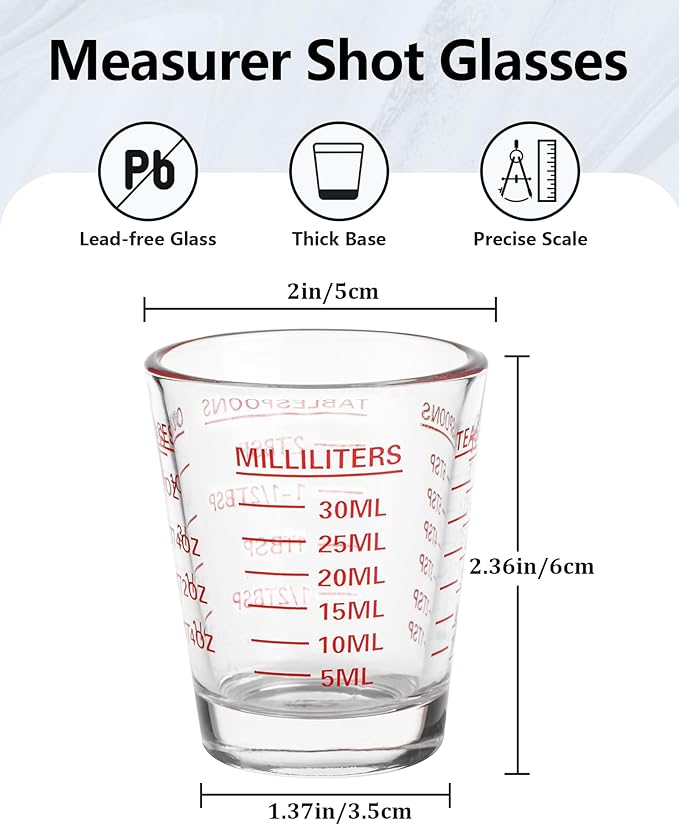 Shot Glasses Measuring Cup Set 4PACK Espresso Shot Glasses Liquid Heavy Glass 26-Incremental Measurement 1 OZ, 2 TBS, 6 TSP, 30 ML Kitchen Tools (Red)