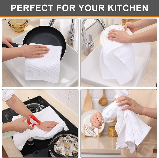 Kitinjoy 100% Cotton Waffle Weave Kitchen Hand Towels (13 X 28 Inches, White), 8-Pack Super Soft and Absorbent Dish Towel for Drying Dishes