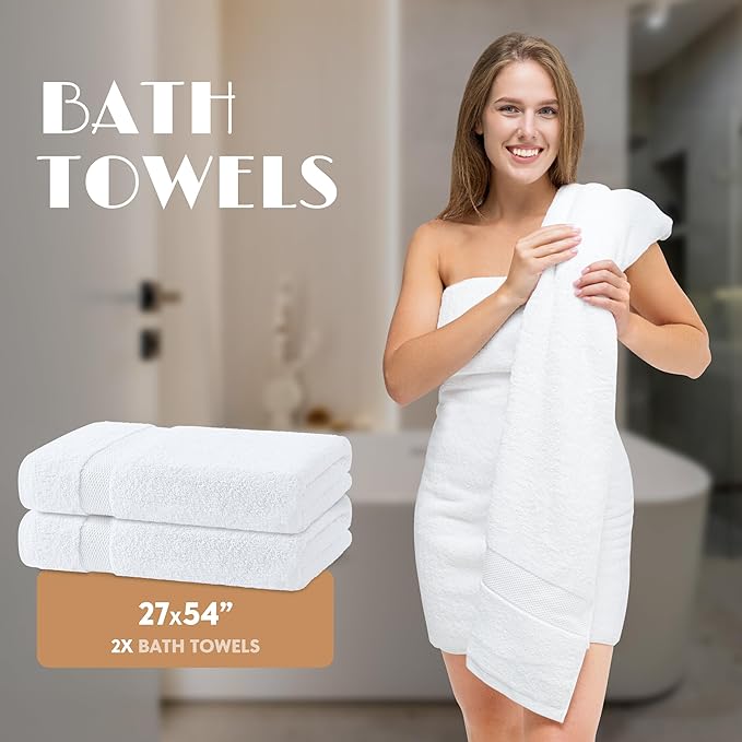 White Bath Towel Set of 6 - 100% Cotton Highly Absorbent Towels for Bathroom, 2 Luxury Bath Towels 650GSM, 2 Hand Towels, 2 Washcloths