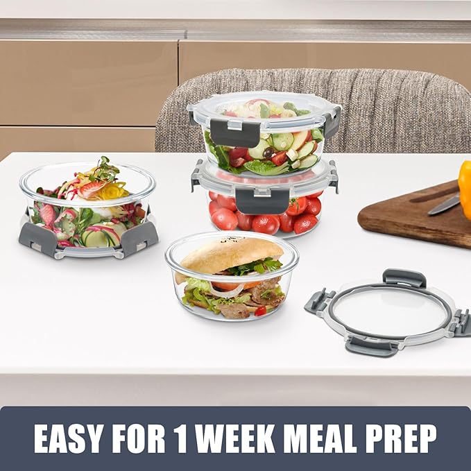 6 Pack Glass Food Storage Containers with Lids, Ideal for Meal Prep, Leftovers, Freezer to Microwave Safe (Grey, 21oz)