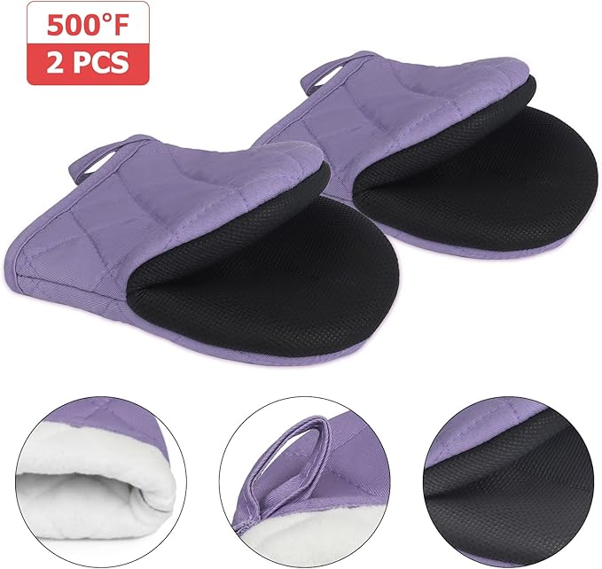 Short Oven Mitts, Heat Resistant 500°F, Silicone Grip Kitchen Gloves, Non-Slip for Baking, Grilling, BBQ, Machine Washable with Hanging Loop, 2-Pack Set, Taro Purple