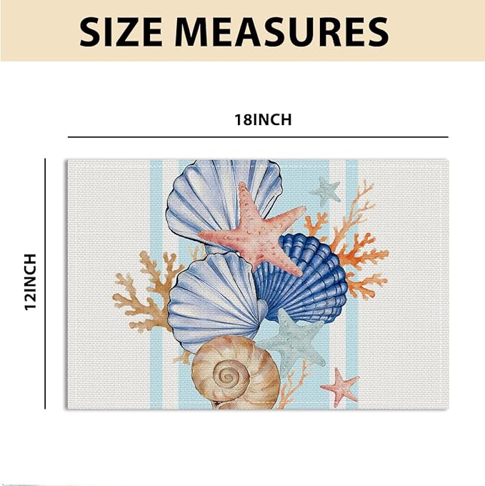 Sea Shell Starfish Beach Placemats Set of 4, 12x18 Inch Seasonal Spring Summer Ocean Coastal Washable Linen Nautical Table Mats for Indoor Outdoor Party Kitchen Dining Decoration, Shell Place Mats