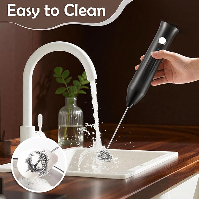 Milk Frother Handheld Rechargeable, Frother Wand Drink Mixer Electric Whisk for Coffee, Detachable With 2 Stainless Whisks, Hand Mixer for Lattes, Matcha, Egg, Kitchen Gifts(Black)