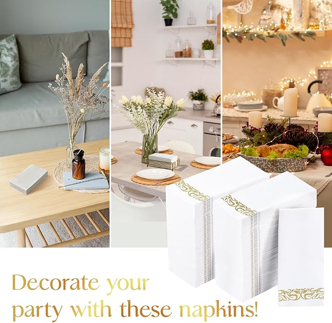Vplus 200 Pack Paper Napkins Guest Towels Disposable Premium Quality 3-ply Dinner Napkins Disposable Soft, Absorbent, Perfect for Kitchen, Wedding, Parties, Dinners or Events (Gold)