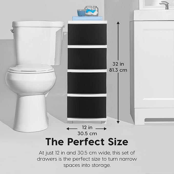 IRIS USA Plastic Drawer Storage Organizer, 4-Drawers, for Classroom Art Supplies Bathroom Dorm Bedroom Laundry Room, Slim Narrow, White Frame with Matte Black Front Panels