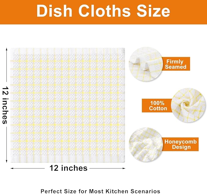 Homaxy 100% Cotton Dish Cloths, 8 Pack-12 X 12 Inches, Check Design Waffle Weave Dish Rags for Washing Dishes, Ultra Absorbent and Fast Drying Dishcloths, Yellow