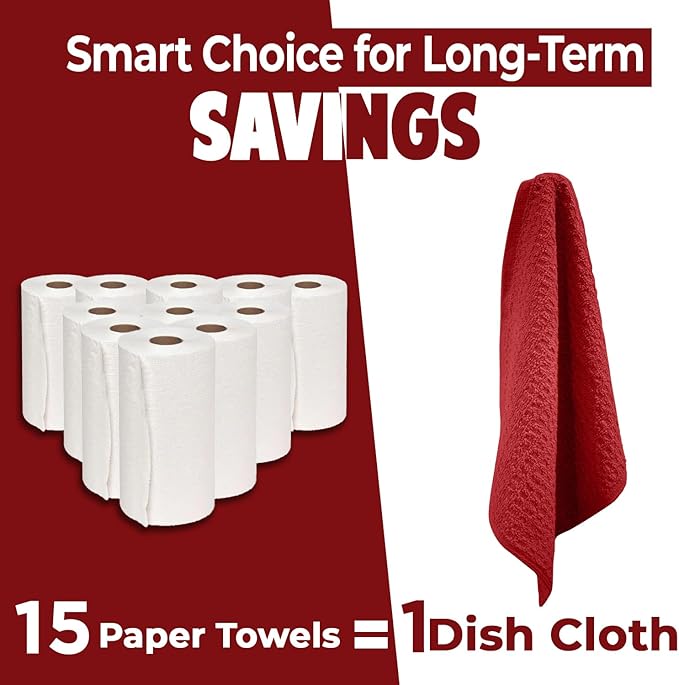 DAN RIVER Premium Dish Cloth 100% Cotton 12 X 12 Inches |Pack of 8|-Ultra Soft Tea Towels-Highly Absorbent Kitchen Rags-Terry Dishcloth for Kitchen and Household Cleaning |Red|
