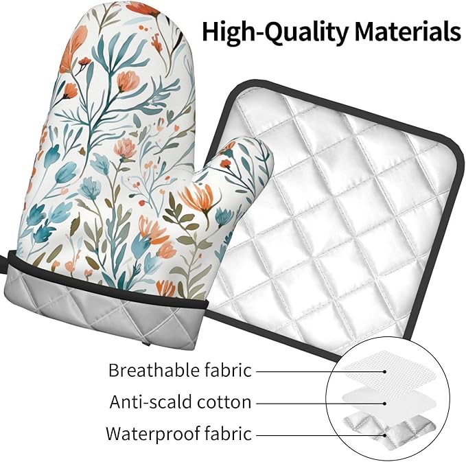 Teal Orange Watercolor Floral Oven Mitts and Pot Holders Sets of 3, Heat Resistant Non-Slip Washable, Chef Cooking Baking Gifts for Women Bakers, Burnt Orange Blue Green Flowers Charming Kitchen Decor