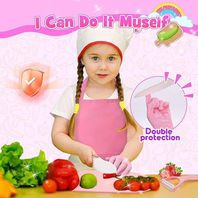 Montessori Toys for 3 4 5 6 7 8 9 10 Year Old Girls Boys Birthday Gifts,Kids Kitchen Knife Set for Real Cooking & Apron and Glove,Toddler Knife Set, Learning Toys