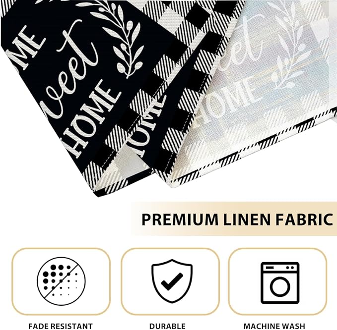 Black and White Linen Placemats Set of 4, Cloth Farmhouse Buffalo Plaid Linen Home Sweet Home Place Mats - Washable Heat Resistant Fabric Table Mats for Kitchen Dining Table 18 X 12 Inch, Plaid