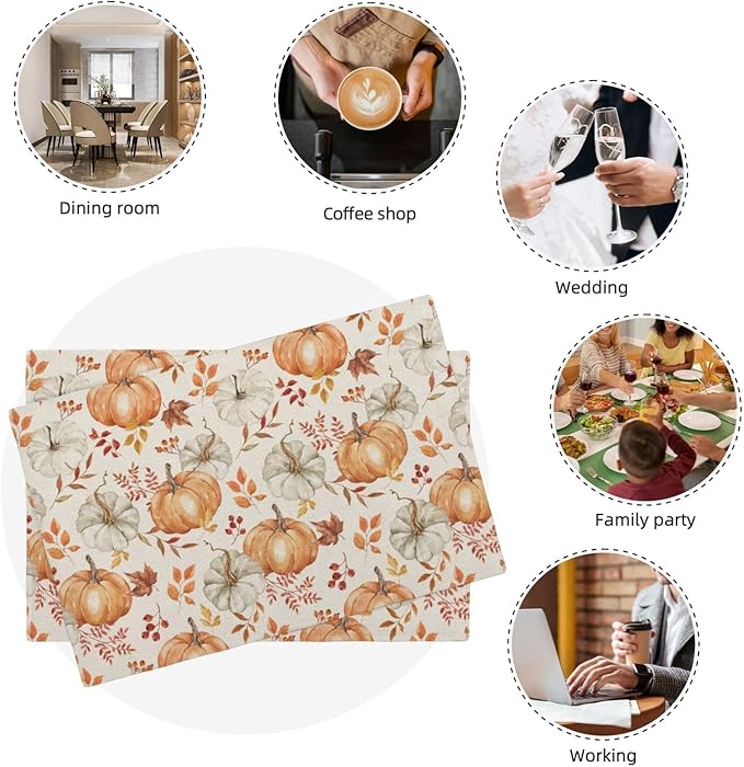 Fall Placemats Set of 4 Orange Grey Pumpkin Leaves Floral Decor Place Mats 12x18 Inch Autumn Leaf Harvest Thanksgiving Decorative Linen Table Mats for Home Kitchen Dining Party Table Decoration