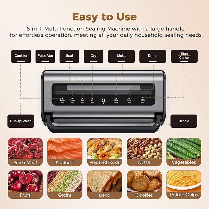 Automatic Food Vacuum Sealer Machine | 180W Kitchen Vacuum Sealer for Dry, Moist & Canister Sealing | Hands-Free Suction Base, Built-in Cutter & Storage | Complete Set with 2 Rolls & 10 Bags