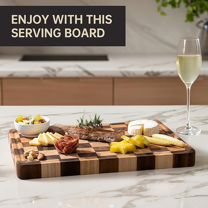 Checkered Cutting Boards for Kitchen, Acacia Wooden Chopping Board with Juice Grooves & Handles, Thickened Butcher Block for Meat, Vegetables and Fruits with Gift Box, 16" x 11" x 1.4"