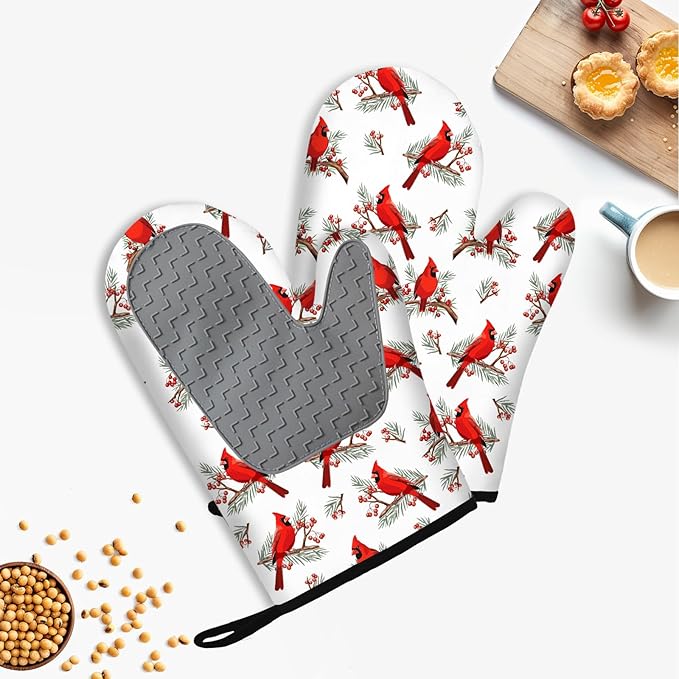 Christmas Cardinal Birds Oven Mitts and Pot Holders Sets of 3, Cardinal Birds Red Berry Decor Oven Mitts, Rdinal Bird Kitchen Decor Heat Resistant Non-Slip Silicone Gloves for Cooking Baking BBQ