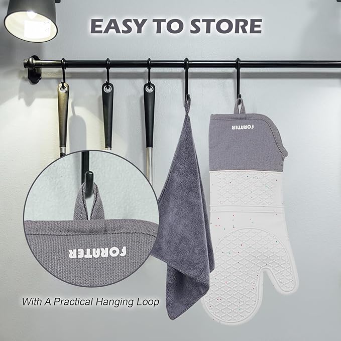Extra Long Oven Mitts and Potholders 6Pcs Set, 500°F Heat Resistant Kitchen Oven Gloves 15'' Oven Mitts with Non-Slip Silicone Surface Soft Cotton Lining for Cooking, Baking and Grilling - Light Grey