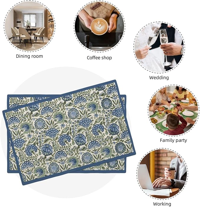 Navy Blue Boho Placemats Set of 4 Sage Green Vintage Floral Decor Place Mats 12x18 Inch Flower Spring Summer Seasonal Decorative Linen Table Mats for Home Kitchen Dining Party Table Decoration