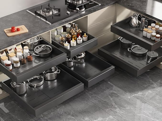 Seinloes 4 Pack Pull Out Cabinet Organizer 21" Deep,Full Extension 3 Slide Rails Slide Out Drawers With Raising Pad for Framed Cabinets,Expandable Width (12.3"-20.5"),No Drill Roll Out Shelves,Black