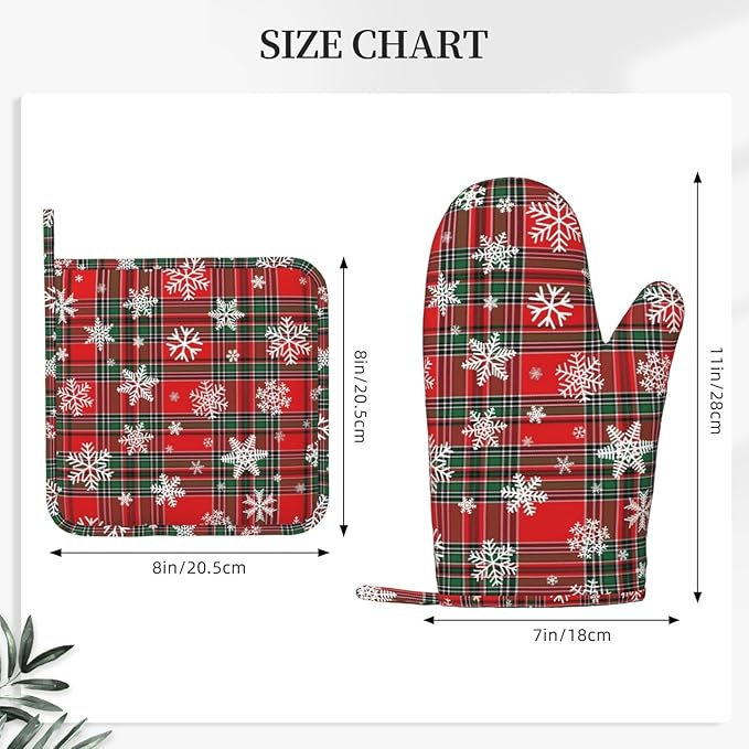 Christmas Plaid Snowflake Oven Mitts and Pot Holders Set, 4pcs Red and Green Checkered Silicone Oven Glove for Kitchen Heat Resistant Buffalo Plaid Oven Mitts and Potholders Non-Slip for BBQ