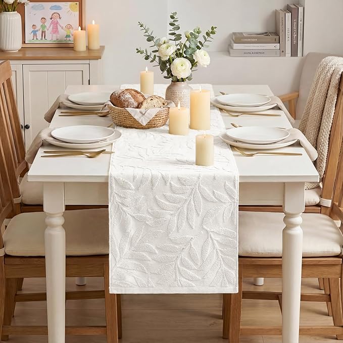 Artoid Mode White Soft Cotton Jacquard Leaves Spring Table Runner, Holiday Kitchen Dining Table Decoration for Home Party Decor 13x72 Inch