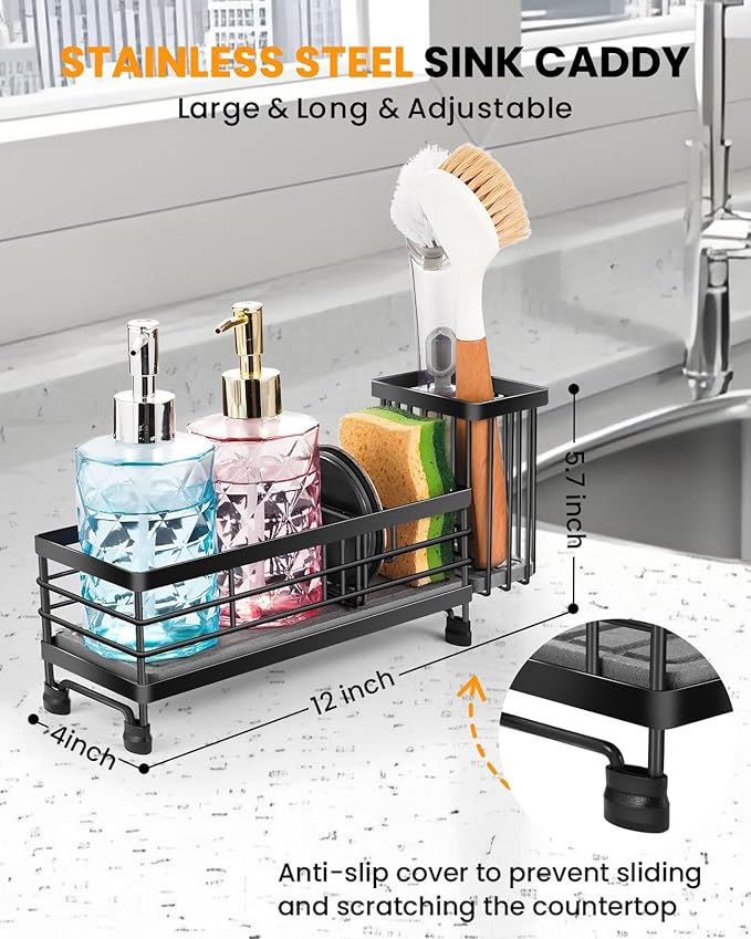ARTLEO Kitchen Sink Caddy with Water Absorbent Diatomite Stone Sink Tray, Fast Drying Sink Organizer with High Dish Brush Holder Sponge Holder for Kitchen Sink, Stainless Steel