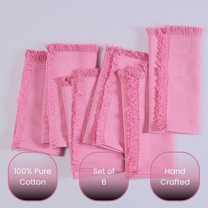 Cloth Dinner Napkins Fringes 100% Cotton Set of 6 - Perfect for Dining Special Occasions Wedding Holidays Christmas - Soft Durable Washable - Elegant 20x20 Inch Cloth Napkins Baby Pink