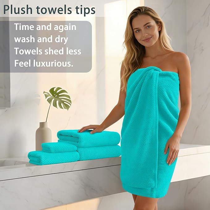 Turquoise Bath Towel with Hanging Loop - 100% Cotton, Soft, Quick Dry, Lightweight, Towel Set of 6, 2 Large Bath 30"x56", 2 Thick Hand 18"x28", 2 Absorb Washcloths 13"x13", Luxury Gift Set