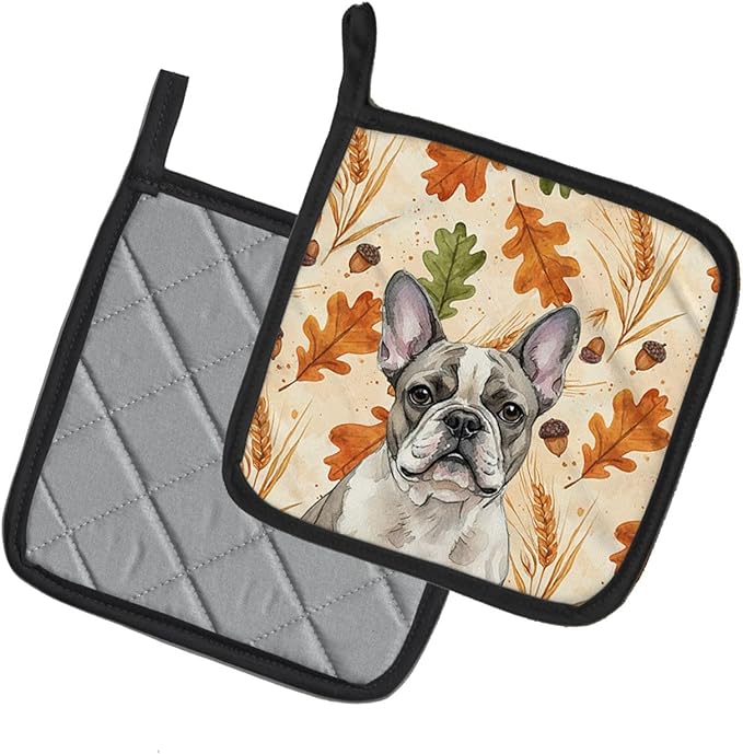 Caroline's Treasures Pied French Bulldog Heirloom Fall Pair of Pot Holders Pair 7.5x7.5 Quilted Insulated Hot Pads Decorative Kitchen Gift Made in USA