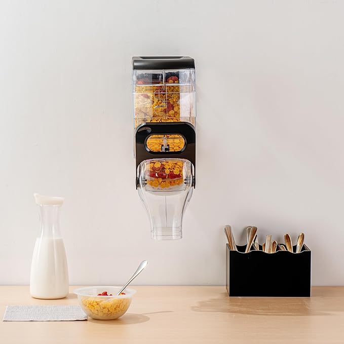 Restaurantware Cereal Dispenser 2 gal Plastic Wall-Mounted Gravity Bin Candy Dispenser Self-Serve Black Dry Food with Wall Mount Brackets for Breakfast Buffet or Hotel Use