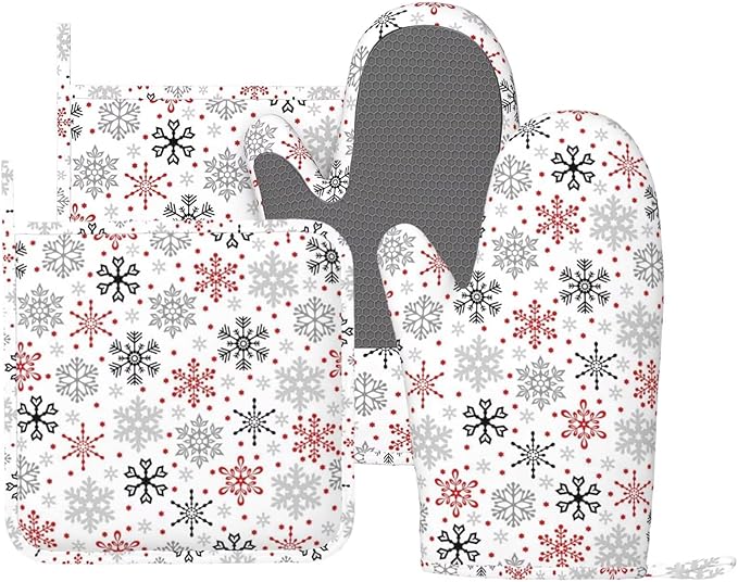 Christmas Winter Snowflake Oven Mitts and Pot Holders Set, 4pcs Silicone Christmas Snowflakes Oven Glove for Kitchen Heat Resistant Oven Mitts and Potholders Non-Slip for Cooking