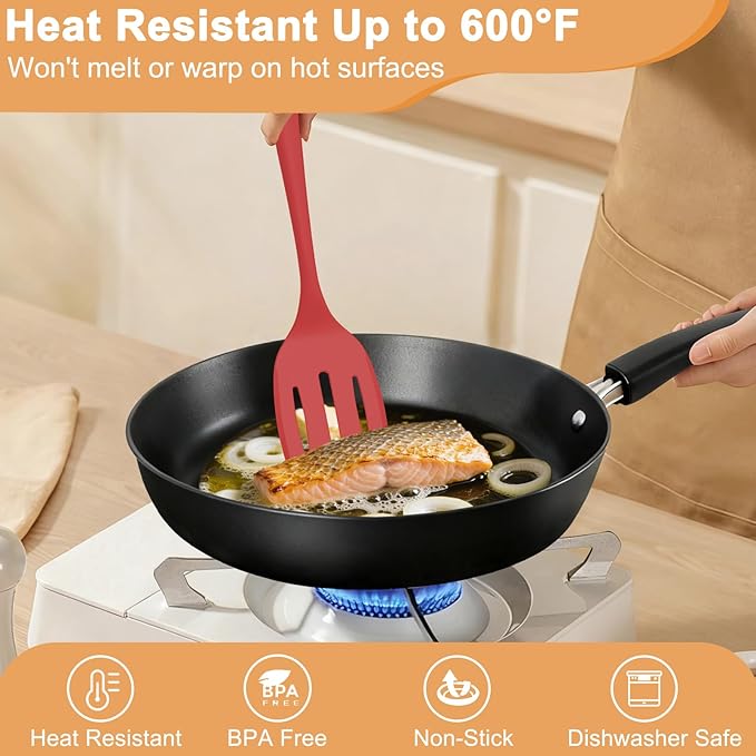 Silicone Spatula Turner Set, 4 Pack, 600°F Heat Resistant Cooking Spatulas, Spoons, BPA Free & Non-Stick Kitchen Utensils, Ideal for Flipping Egg, Pancake, and Serving, Dishwasher Safe (Red)
