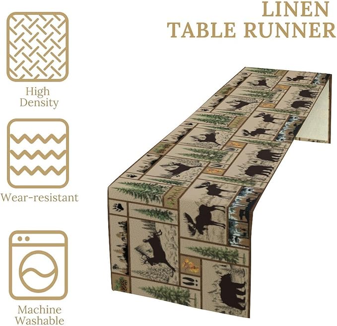 Rustic Cabin Table Runner Forest Bear Deer Wildlife Country Hunting Camping Art Printed Dinner Runner for Home Kitchen Dining Table Decor Fabric 1 Panel W13xL60in