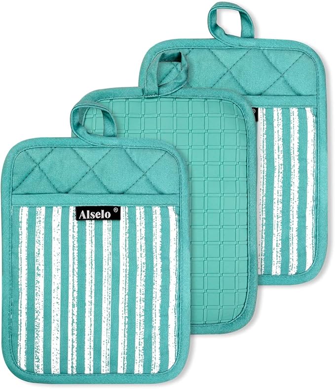 Alselo Silicone Pot Holders Set of 3 Heat Resistant & Non Slip Potholders, Professional Oven Hot Pads with Pockets Mitts for Kitchen Cooking Baking Barbecue