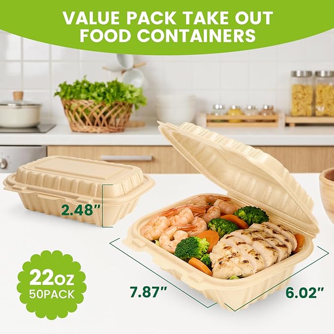 Clamshell Take Out Food Containers, 50 Pack-22oz Disposable Meal Prep Containers Natural Rice Husk Material Durable To Go Containers for Pasta Salad Snacks Taco Chinese Food Restaurants 8"X6"X2.5"