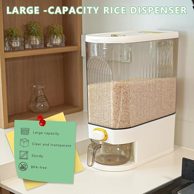 Rice Storage Container 10kg, Clear Food Grain Dispenser with Date Dial & Measuring Cup, Space-Saving Organizer for Rice, Cereal, Pet Food, Pasta
