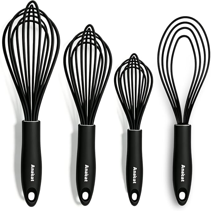 Anaeat Silicone Kitchen Whisk Set of 4, Perfect for Non-Stick Cookware, Egg Beater Milk Blender for Whisking, Cooking, Baking, Beating - 11'' Flat Whisk and 9''+11''+12'' Balloon Whisks (Black)