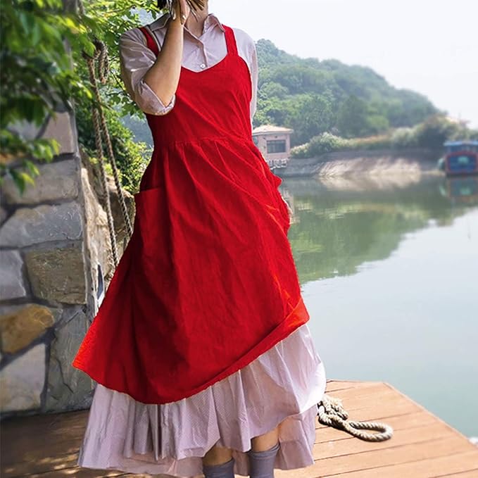 Uaussi Cotton Linen Apron Cross Back Work Apron for Women with Pockets Pinafore Dress X Cross Halter Apron for Chef Gardening