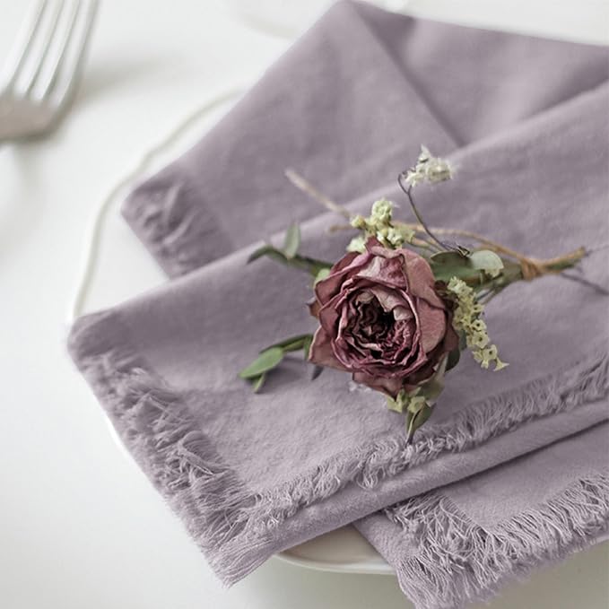 Handmade Cloth Napkins 100% Cotton Napkins with Fringe，Delicate Handmade Cloth Napkins for Dinners, Parties, Weddings and More，18 x 18 Inch Set of 6 - Lavender