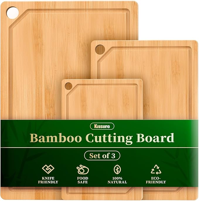 Kitchen Cutting Board Set - 3-Piece Wooden Cutting Boards for Kitchen with Juice Groove, Handles, Hang Holes, Stylish Kitchen Essentials for Chpping & Serving, Natural, 0.4"Th - (XL+M+S)