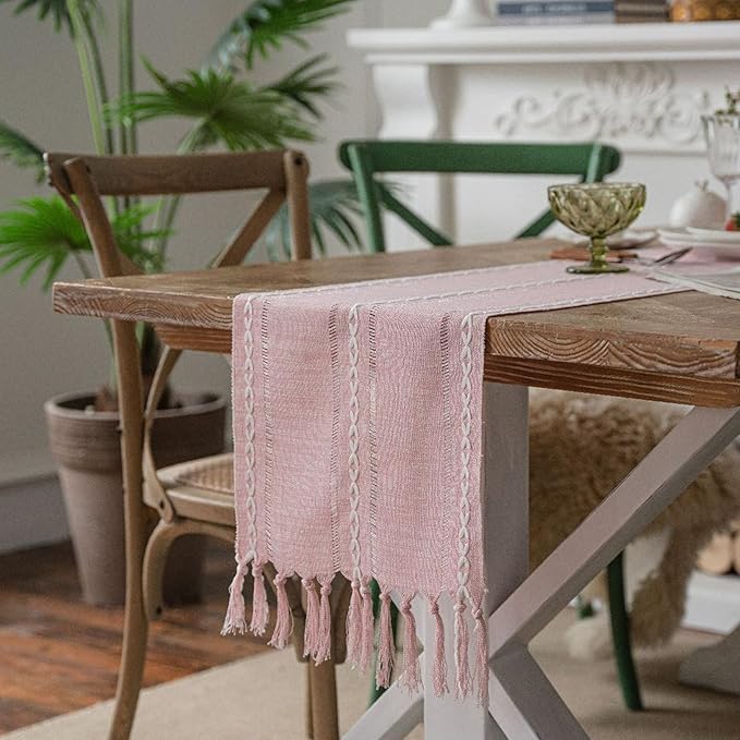 Niviy Table Runners 90 Inches Long with Tassels - Gifts for Her, Pink Boho Embroidered Table Runner Farmhouse Rustic Linen Runners for Wedding Party Baby Shower Home Decor (Pink, 12"×90")