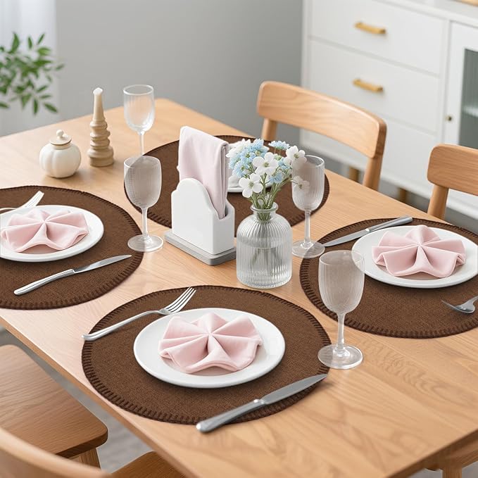 Round Placemats Set of 6, 15 Inch Linen Fabric Table Placemats, Heat Resistant, Wrinkle Free Washable Placemats Kitchen Place Mats Set of 6 for Dining Table Party Table (Coffee, 6)