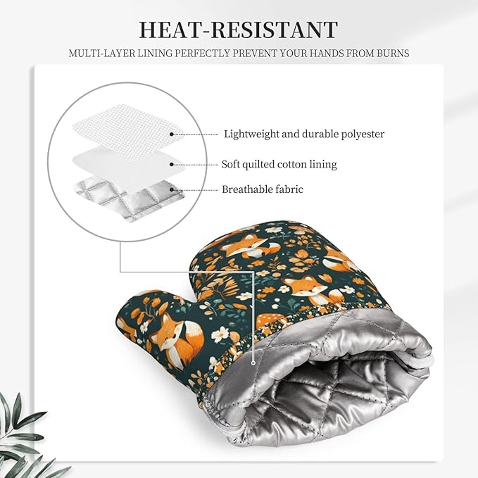 Forest Fox Silicone Oven Mitts Set of 2, Heat Resistant up to 500°F, Kitchen Oven Gloves with Non-Slip Grip and Soft Cotton Lining for Baking, Cooking and BBQ